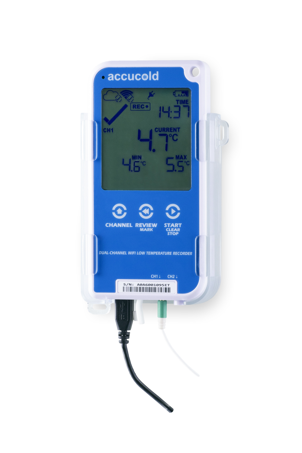 NIST calibrated wifi/Bluetooth enabled single channel digital data logger with LCD display of the current and high/low temperature and audible/visual temperature alarm